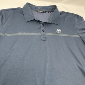 TravisMathew Polo Shirt Mens XL Blue Palm Tree Golf Performance Casual Peru